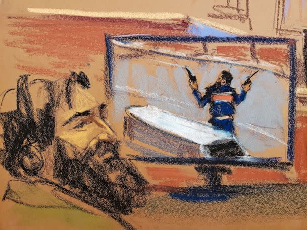 PHOTO: Sayfullo Saipov, the Uzbek man charged with using a truck to kill eight people on a Manhattan bike path on Halloween in 2017, listens to testimony at his federal trial in New York City, Jan. 9, 2023, in this courtroom sketch. (Jane Rosenberg/Reuters, FILE)