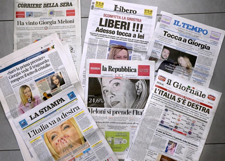 <div class="inline-image__caption"><p>The front pages of Italian newspapers after Giorgia Meloni’s party came out on top in general elections. </p></div> <div class="inline-image__credit">Vincenzo Pinto/AFP via Getty</div>