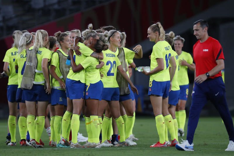 Manager Vlatko Andonovski (R) will attempt to lead the United States Women's National Team to a record third-consecutive World Cup title. File Photo by Bob Strong/UPI