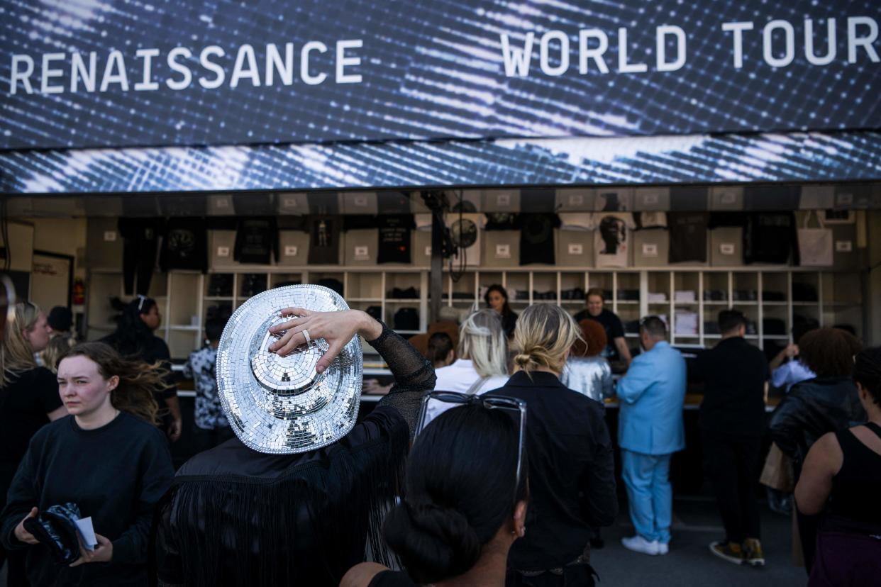 Fans of US musician Beyonce queue to buy merchandise at the Friends Arena to watch her first concert of the World Tour named "Renaissance", in Solna, north of Stockholm on May 10, 2023. Droves of fans were lined up on May 10, 2023 outside the Friends Arena in Stockholm, eagerly awaiting music royalty Beyonce, who marked the first concert on her new tour. The "Renaissance World Tour," which was announced in February after being teased last autumn, is the seminal star's first solo tour since 2016. (Photo by Jonathan NACKSTRAND / AFP) (Photo by JONATHAN NACKSTRAND/AFP via Getty Images)