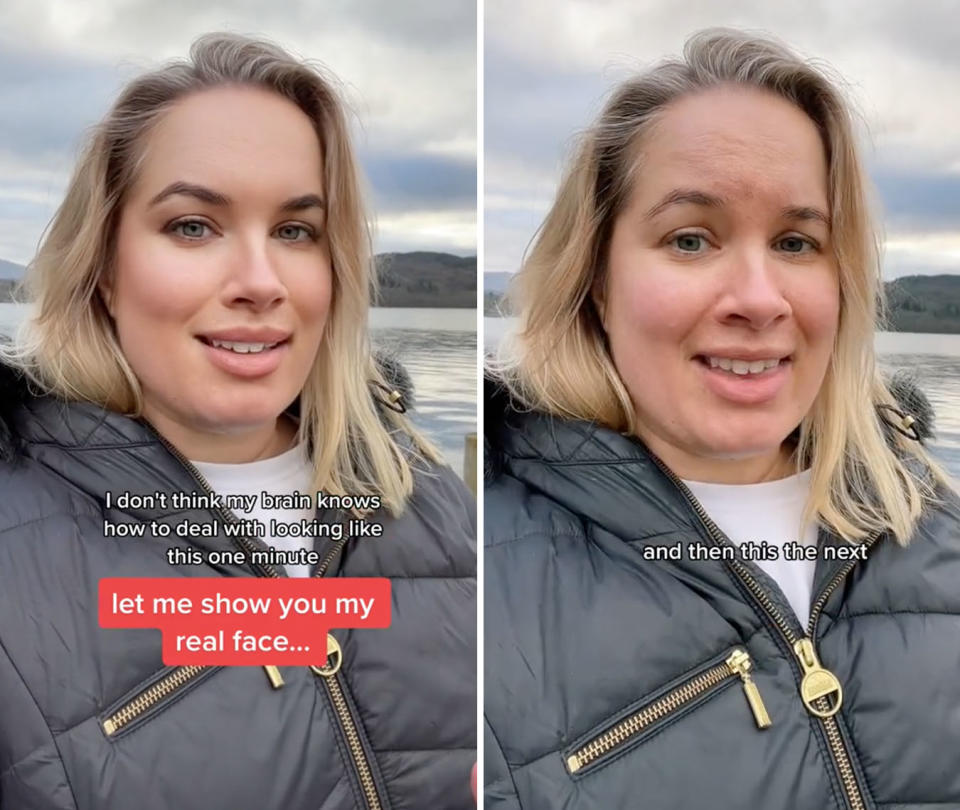 L: Joanna Kenny on TikTok wtih the Bold Glamour filter on. R: Joanna Kenny on TikTok without any filters or makeup