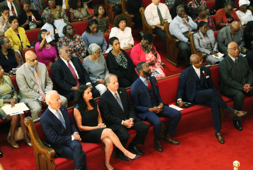 Former Vice President and presidential candidate Joe Biden attends a service at 16th Street Baptist Church in Birmingham, Ala., Sunday, Sept. 15, 2019. Visiting the black church bombed by the Ku Klux Klan in the civil rights era, Democratic presidential candidate Biden said Sunday the country hasn't "relegated racism and white supremacy to the pages of history" as he framed current tensions in the context of the movement's historic struggle for equality. (Ivana Hrynkiw/The Birmingham News via AP)