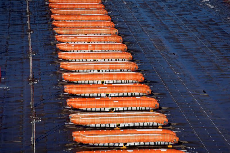 FILE PHOTO: Airplane fuselages bound for Boeing's 737 Max production facility sit in storage at their top supplier, Spirit AeroSystems Holdings Inc, in Wichita