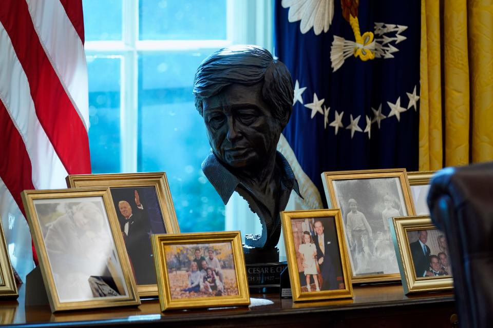 A sculpture of Latino American civil rights and labor leader Cesar Chavez is displayed in the Oval Office of the White House.
