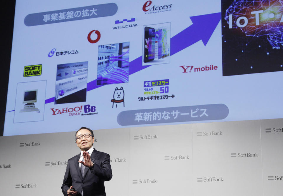 SoftBank Corp.'s CEO Ken Miyauchi speaks during a press conference in Tokyo, Wednesday, Dec. 19, 2018. SoftBank Group Corp.'s Japanese mobile subsidiary suffered a bitter debut on the Tokyo Stock Exchange on Wednesday, slumping 15 percent, hurt by a recent service outage and concerns about the use of parts from Chinese telecom Huawei.(AP Photo/Koji Sasahara)