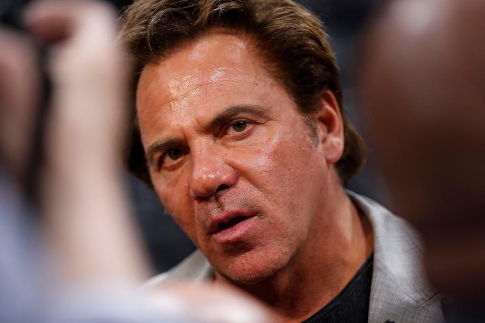 Pistons owner Tom Gores addresses media members after Pistons lost to Bucks 127-104 in Game 4 of the playoff series at Little Caesars Arena in Detroit, Monday, April 22, 2019.