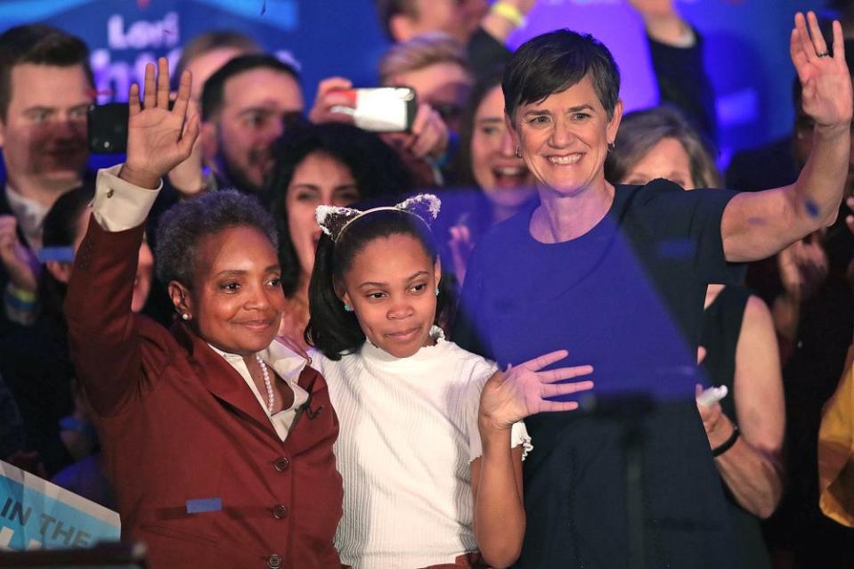 From left: Lori Lightfoot with daughter Vivian and wife Amy Eshleman | Scott Olson/Getty