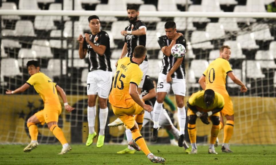 The Tottenham midfielder Eric Dier takes a free-kick during the Europa League second-round qualifying tie against Lokomotiv Plovdiv.