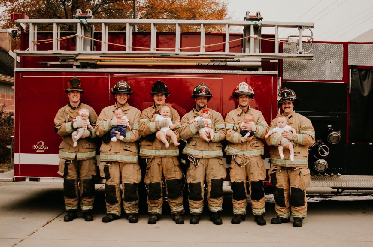 Left to right: Andrew Murray and Maisyn, Gage Whitman and Ezekiel, Zach Pressnell and Waylon, Corey Griffith and Emmalyn, Jordan Alcorn and Henry, Brad Bittinger and Blane. (Photo: Facebook)