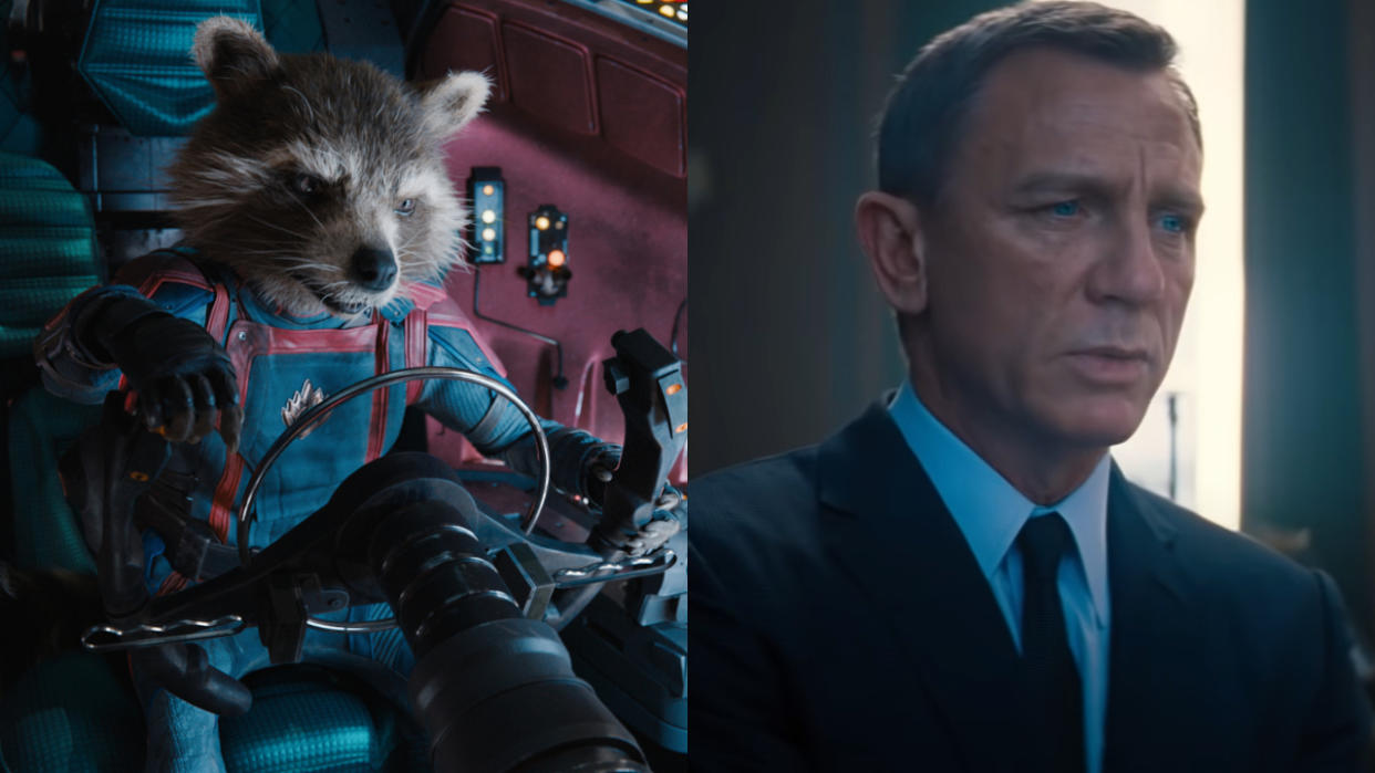  Rocket Raccoon pictured at steering controls in Guardians of the Galaxy Vol. 3 and Daniel Craig pictured sitting in No Time To Die, side by side. 