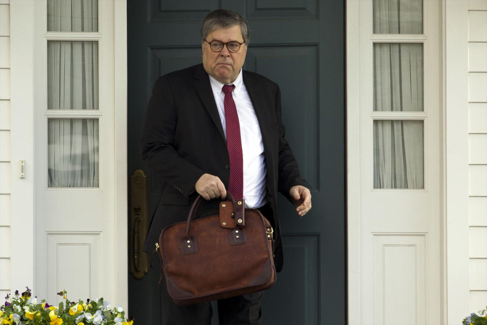 FILE - In this March 22, 2019, file photo, Attorney General William Barr leaves his home in McLean, Va. Barr told Congress on March 29, to expect version of special counsel's Russia report by mid-April. (AP Photo/Jose Luis Magana)