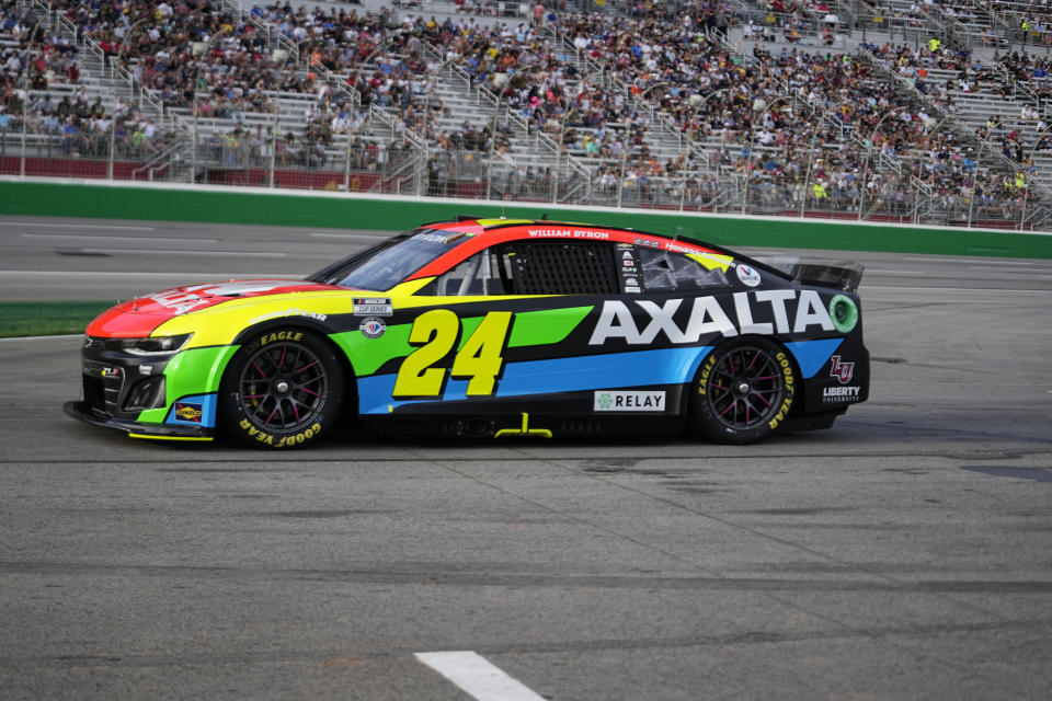 William Byron (24) drives during a NASCAR Cup Series auto race at Atlanta Motor Speedway on Sunday, July 9, 2023, in Hampton, Ga. (AP Photo/Brynn Anderson)