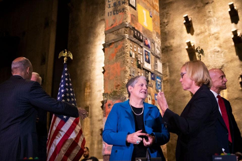 With a piece of steel and concrete from the original World Trade Center behind them, former Secretary of the U.S. Department of Homeland Security Janet A. Napolitano speaks with Sen. Maggie Hassan (D-NH) after a special Senate Committee on Homeland Security and Governmental affairs hearing on &quot;The State of Homeland Security after 9/11&quot; at the National September 11th Memorial &amp; Museum on September 9, 2019 in New York City. 