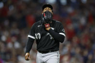 Chicago White Sox relief pitcher Reynaldo Lopez walks off the field after being removed after giving up an RBI-single to Cleveland Guardians' Amed Rosario during the seventh inning of a baseball game Friday, Aug. 19, 2022, in Cleveland. (AP Photo/Ron Schwane)