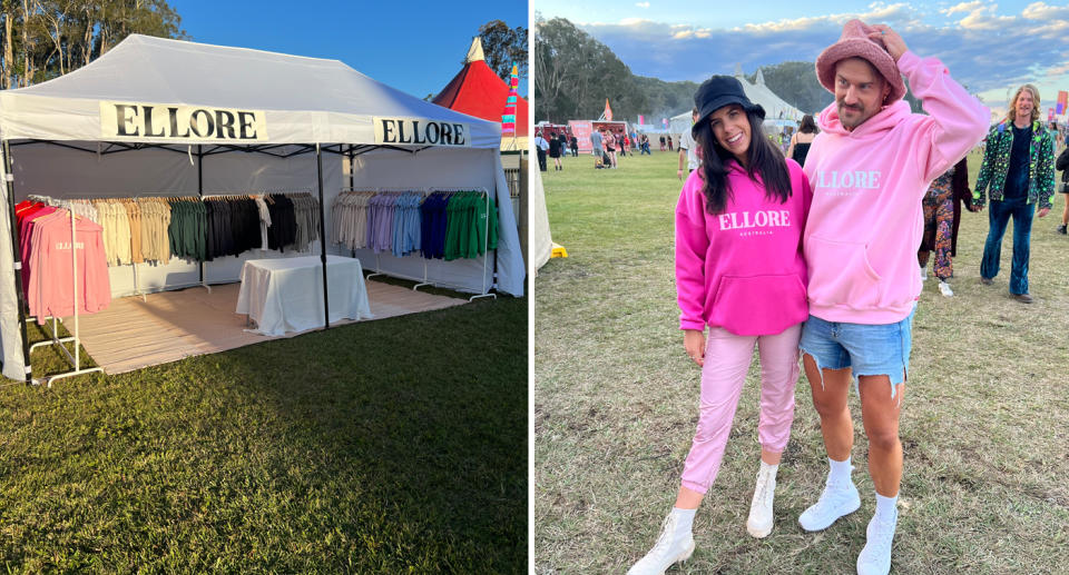 A photo of the Ellore stall. A photo of two Splendour festivalgoers wearing Ellore hoodies.
