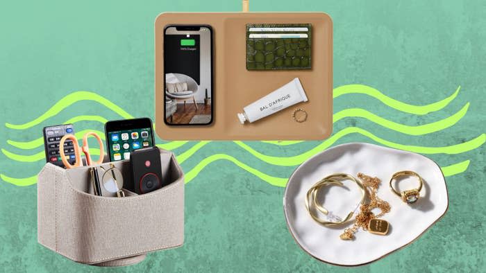 A rotating nightstand organizer, a Courant charging station and a porcelain jewelry dish.