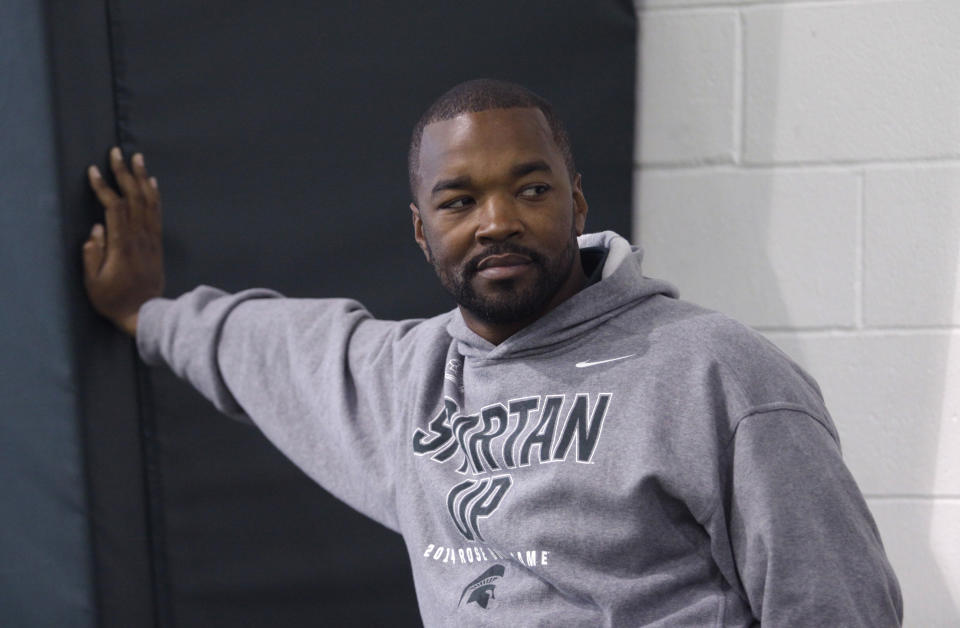 Michigan State football's Director of College Advancement and Performance and Camp Director Curtis Blackwell is seen, Tuesday, March 11, 2014, in East Lansing, Mich. (AP Photo/Al Goldis)