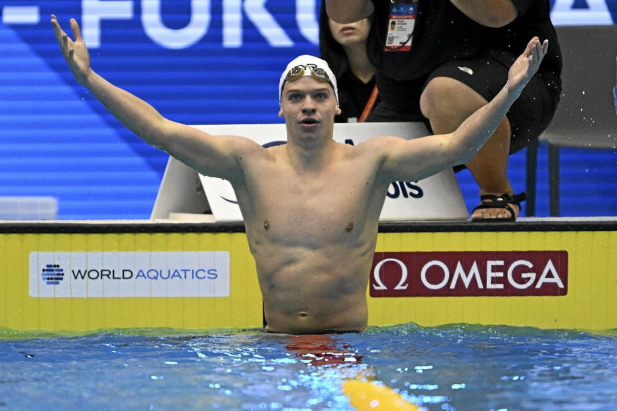 Léon Marchand, étoile montante de la natation française, sera attendu pour les Jeux olympiques de Paris 2024.  - Credit:KEMPINAIRE STEPHANE / KMSP / KMSP via AFP