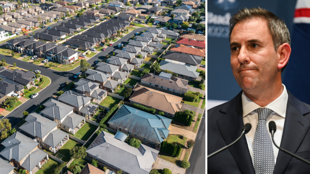 Composite image of suburban housing, and Federal Treasurer Jim Chalmers