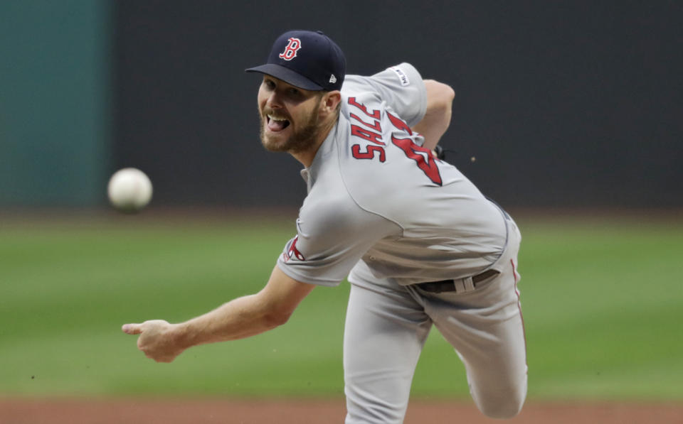 Boston Red Sox starting pitcher Chris Sale delivers in the first inning of the team's baseball game against the Cleveland Indians, Tuesday, Aug. 13, 2019, in Cleveland. (AP Photo/Tony Dejak)
