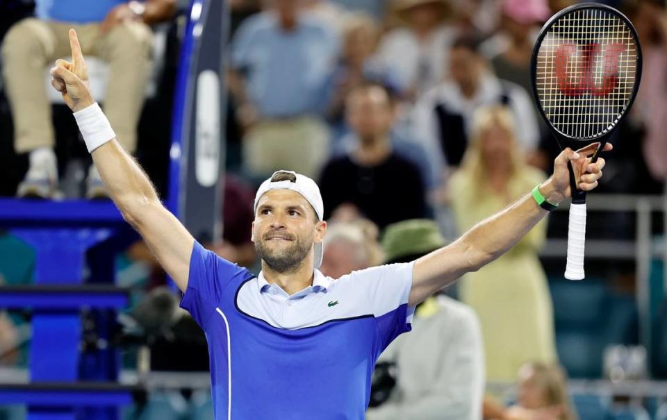 Grigor Dimitrov of Bulgaria reacts after defeating Carlos Alcaraz Garfia of Spain during the Miami Open Tennis Tournament at Hard Rock Stadium in Miami Gardens, Florida on Thursday, March 28, 2024.