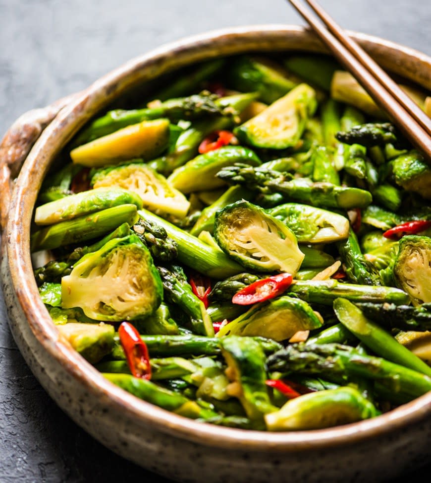 Chili & Garlic Stir-Fried Brussels Sprouts With Asparagus from Healthy Nibbles and Bits