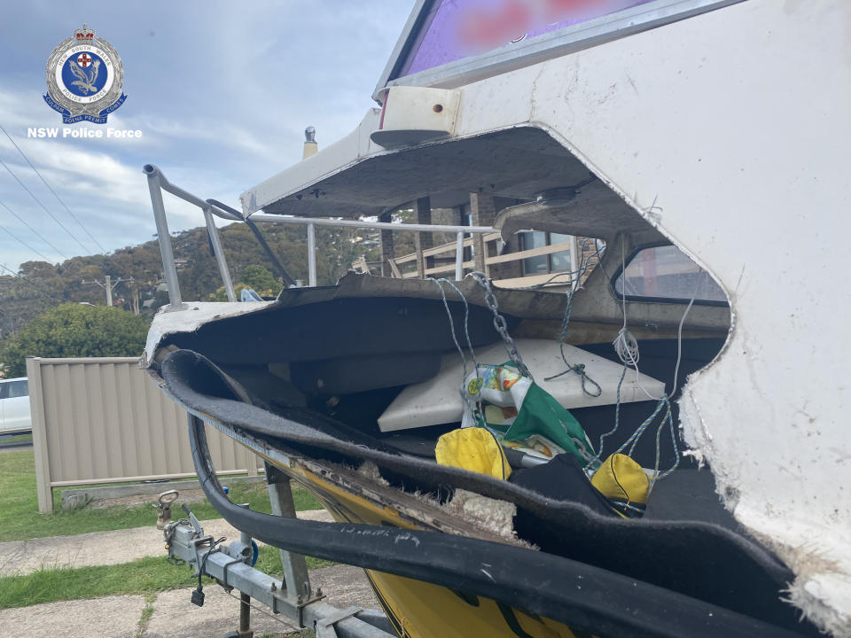 The crushed boat  after hit by a whale near Narooma.