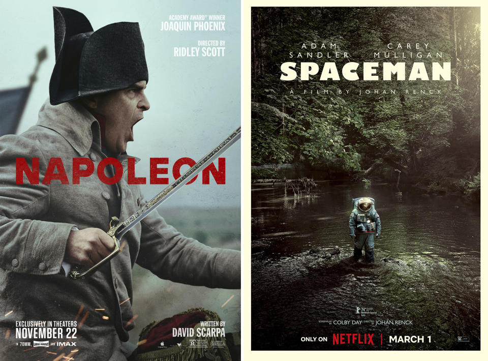 This combination of images shows promotional art for "Napoleon," available March 1 on Apple TV+, and "Spaceman," available March 1 on Netflix. (Apple TV+/Netflix via AP)