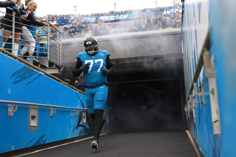 Jacksonville Jaguars offensive tackle Anton Harrison (77) takes to the field before an NFL football game Sunday, Nov. 12, 2023 at EverBank Stadium in Jacksonville, Fla. The San Francisco 49ers defeated the Jacksonville Jaguars 34-3. [Corey Perrine/Florida Times-Union]