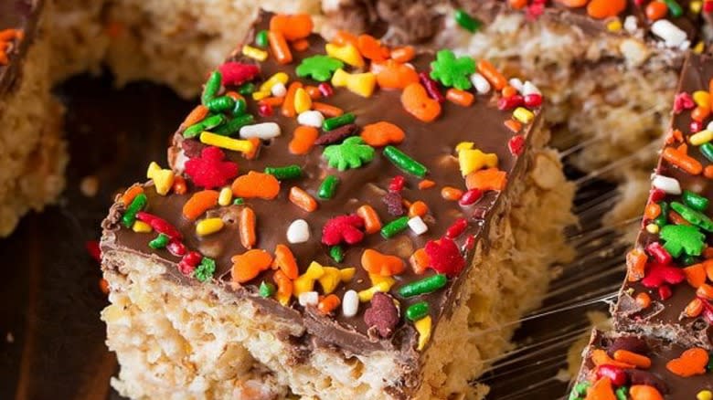 Rice Krispie squares with chocolate and sprinkles