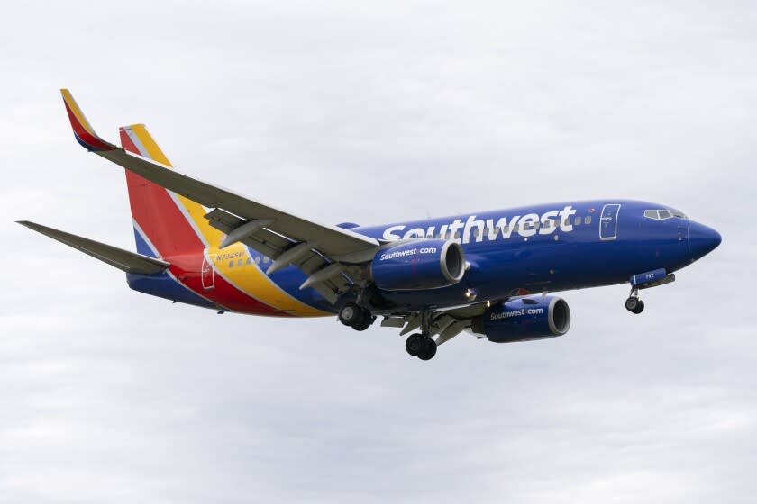 FILE - A Southwest Airlines flight prepares to land at Reagan National Airport, in Arlington, Va., Monday, Dec. 27, 2021. A Southwest Airlines flight attendant suffered a compression fracture to a vertebra in her upper back during a hard landing in July 2022 in California, according to federal safety investigators. (AP Photo/Jacquelyn Martin, File)