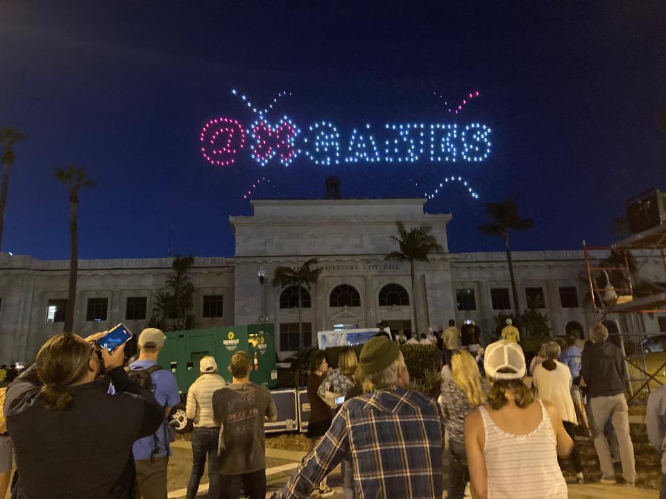 The Visit Ventura drone show on Thursday night in downtown featured the X Games logo.