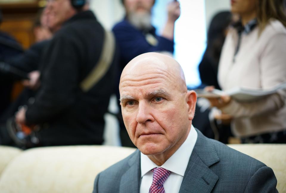 US National Security Advisor H.R. McMaster is seen in a meeting between US President Donald Trump and Saudi Arabia's Crown Prince Mohammed bin Salman in the Oval Office of the White House on March 20, 2018 in Washington, DC.