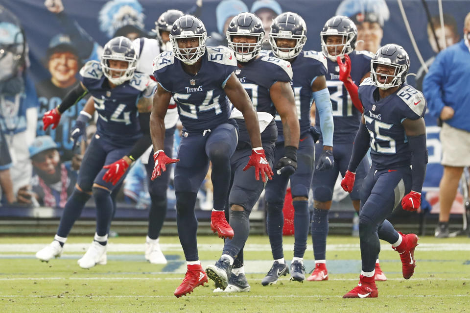 Tennessee Titans inside linebacker Rashaan Evans (54) celebrates after making a stop against the Houston Texans in the second half of an NFL football game Sunday, Oct. 18, 2020, in Nashville, Tenn. (AP Photo/Wade Payne)