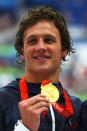 Gold medalist Ryan Lochte of the United States poses during the medal ceremony for the Men's 200m Backstroke Final at the National Aquatics Center on Day 7 of the Beijing 2008 Olympic Games on August 15, 2008 in Beijing, China. Lochte won in a new world record time of 1:53.94