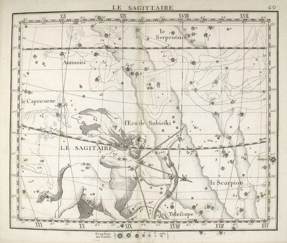 Throughout history, different cultures and religions have told stories to explain celestial events, including eclipses. Greek stories about the arrangement of stars in the night sky persist in modern culture. Shown here, Sagittarius the centaur and archer. <cite>New York Public Library</cite>