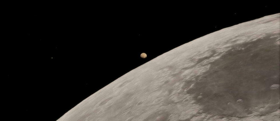 Vue d'artiste de l'occultation de Mars par la Lune le 16 novembre 2018.   - Credit:ESO/Nico Bartmann/ spaceengine.org