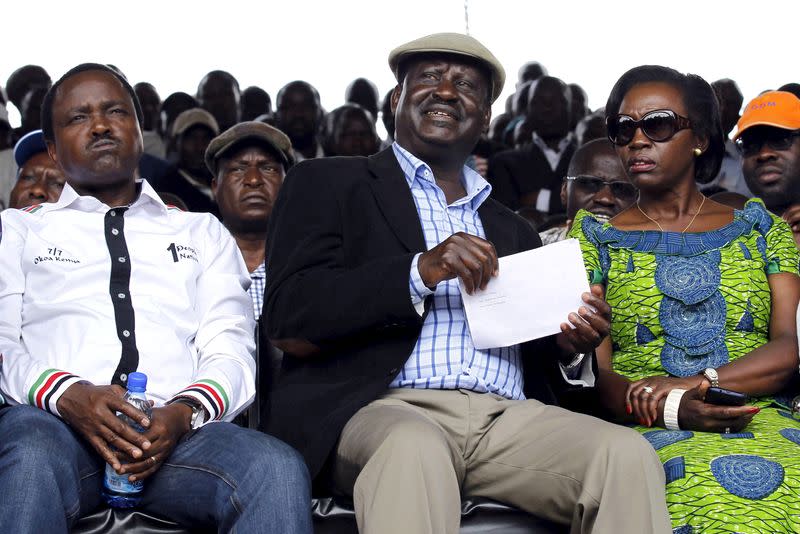 FILE PHOTO: Raila Odinga, leader of Kenya's opposition CORD, attends a rally in solidarity with teachers currently engaged in a national striker over a pay increase dispute at the Uhuru Park grounds, in the capital Nairobi