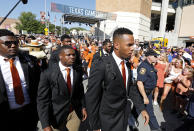 Texas Longhorns football players take part in "The Stampede" before the game with the LSU Tigers Saturday Sept. 7, 2019 at Darrell K Royal-Texas Memorial Stadium in Austin, Tx. ( Photo by Edward A. Ornelas )