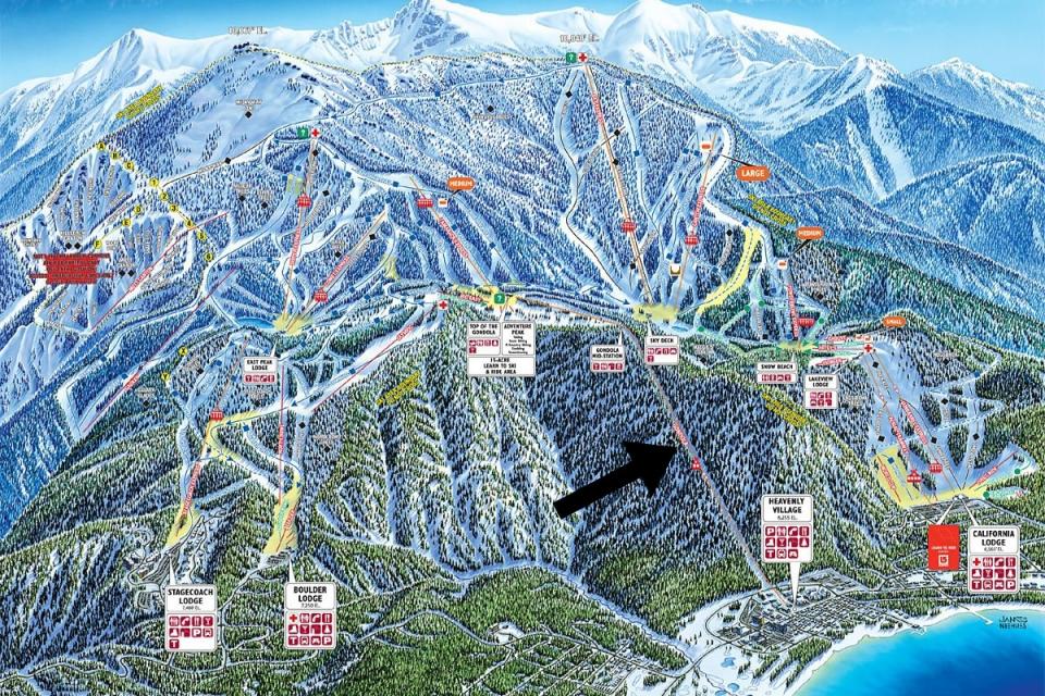Heavenly Gondola as seen on Heavenly Resort's trail map. California Lodge to looker's right. Stagecoach Lodge to looker's left.<p>Heavenly Resort</p>