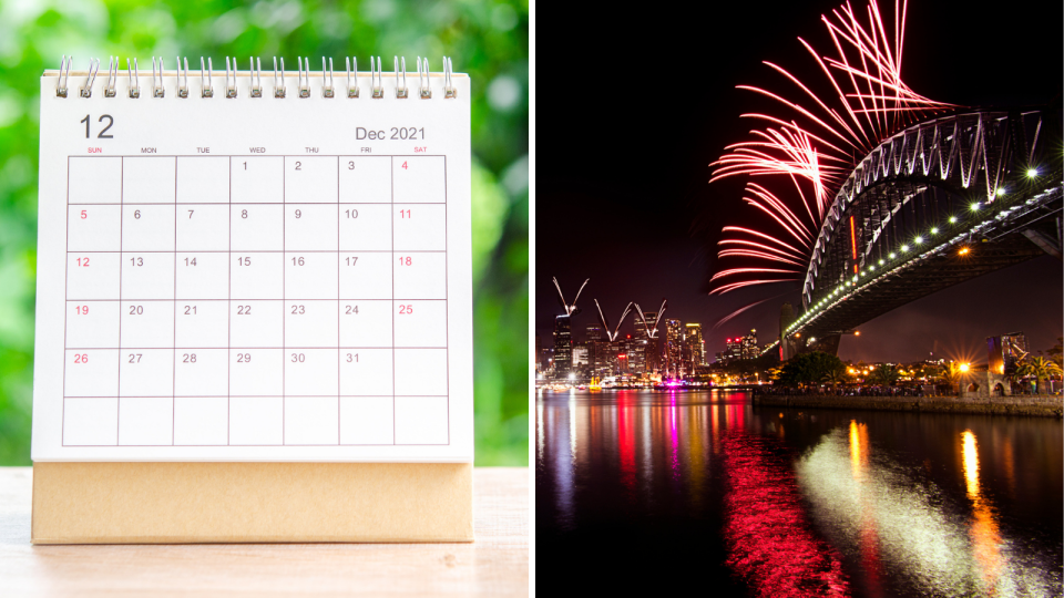 December calendar with blurred trees in background, Sydney Harbour bridge with New Years Eve fireworks. 