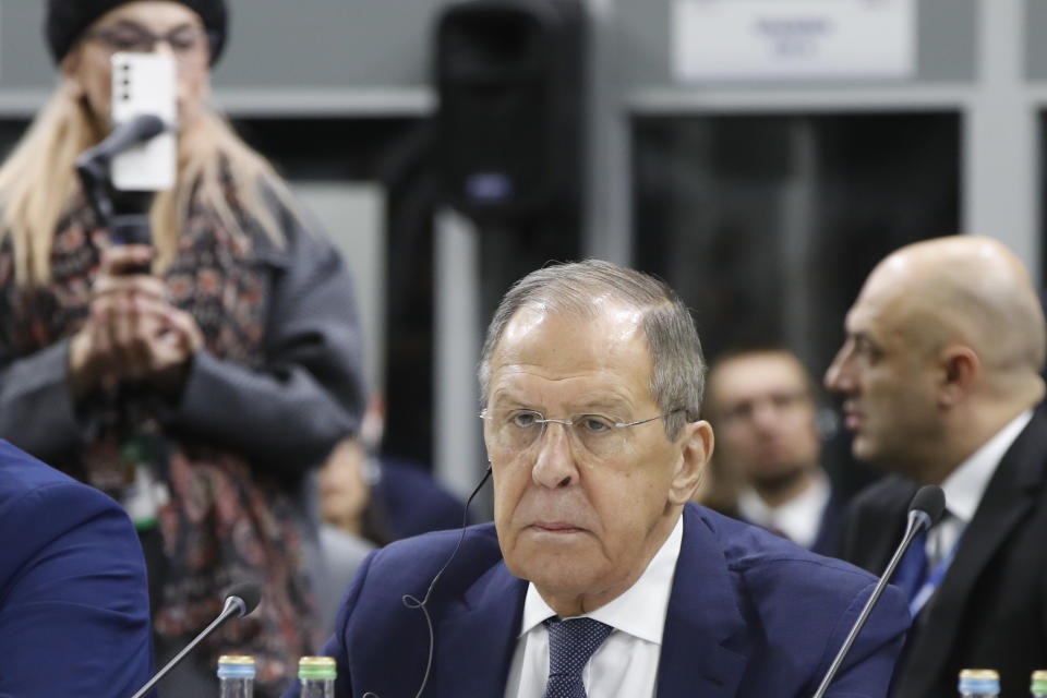 Russia's Foreign Minister Sergey Lavrov, front, attends the plenary session of the OSCE (Organization for Security and Co-operation in Europe) Ministerial Council meeting, in Skopje, North Macedonia, on Thursday, Nov. 30, 2023. (AP Photo/Boris Grdanoski)