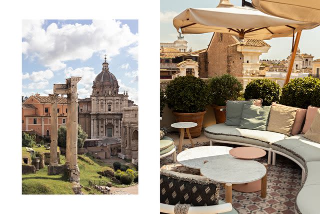 <p>Camilla Glorioso</p> From left: Remnants of an ancient temple at the Roman Forum; the rooftop at Six Senses Rome, in the Centro Storico neighborhood.