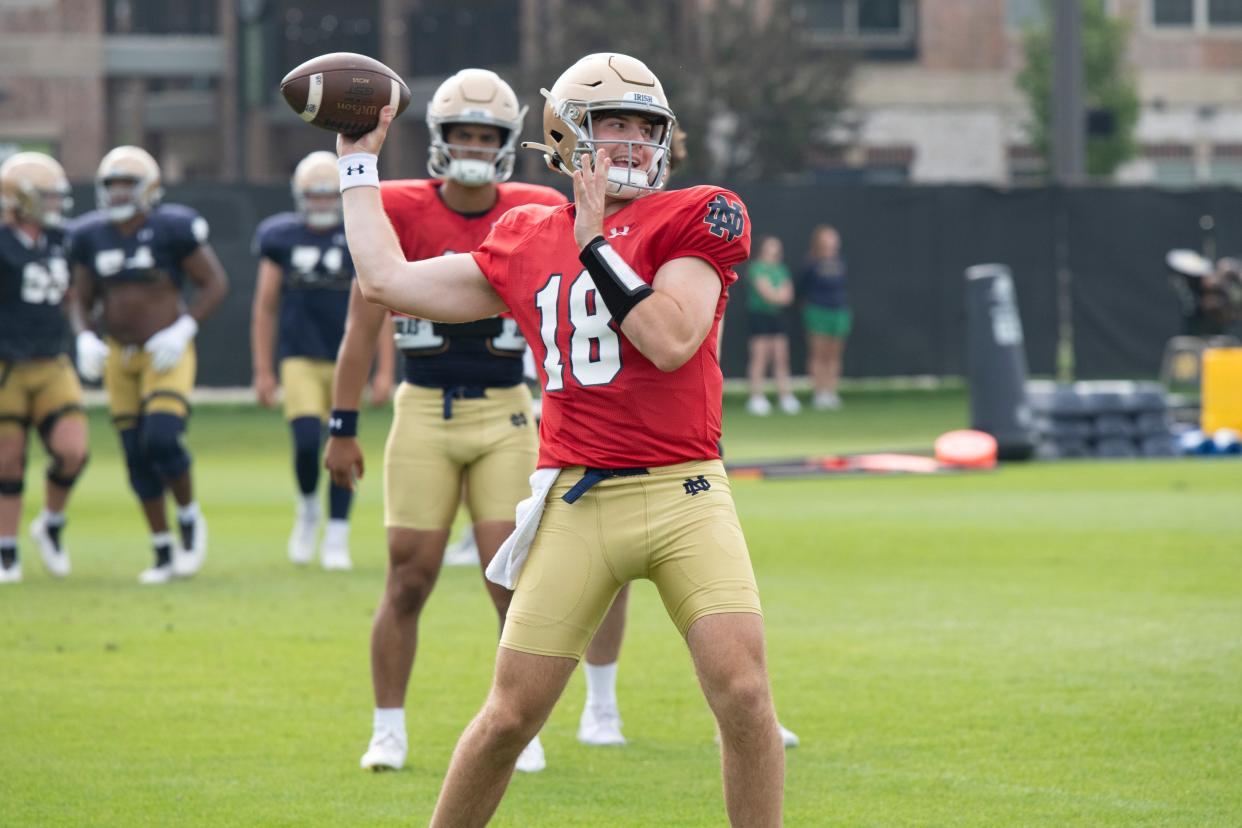 Steve Angeli QB of the Fighting Irish at Notre Dame football practice at the Irish Athletic Center on August 5, 2023.