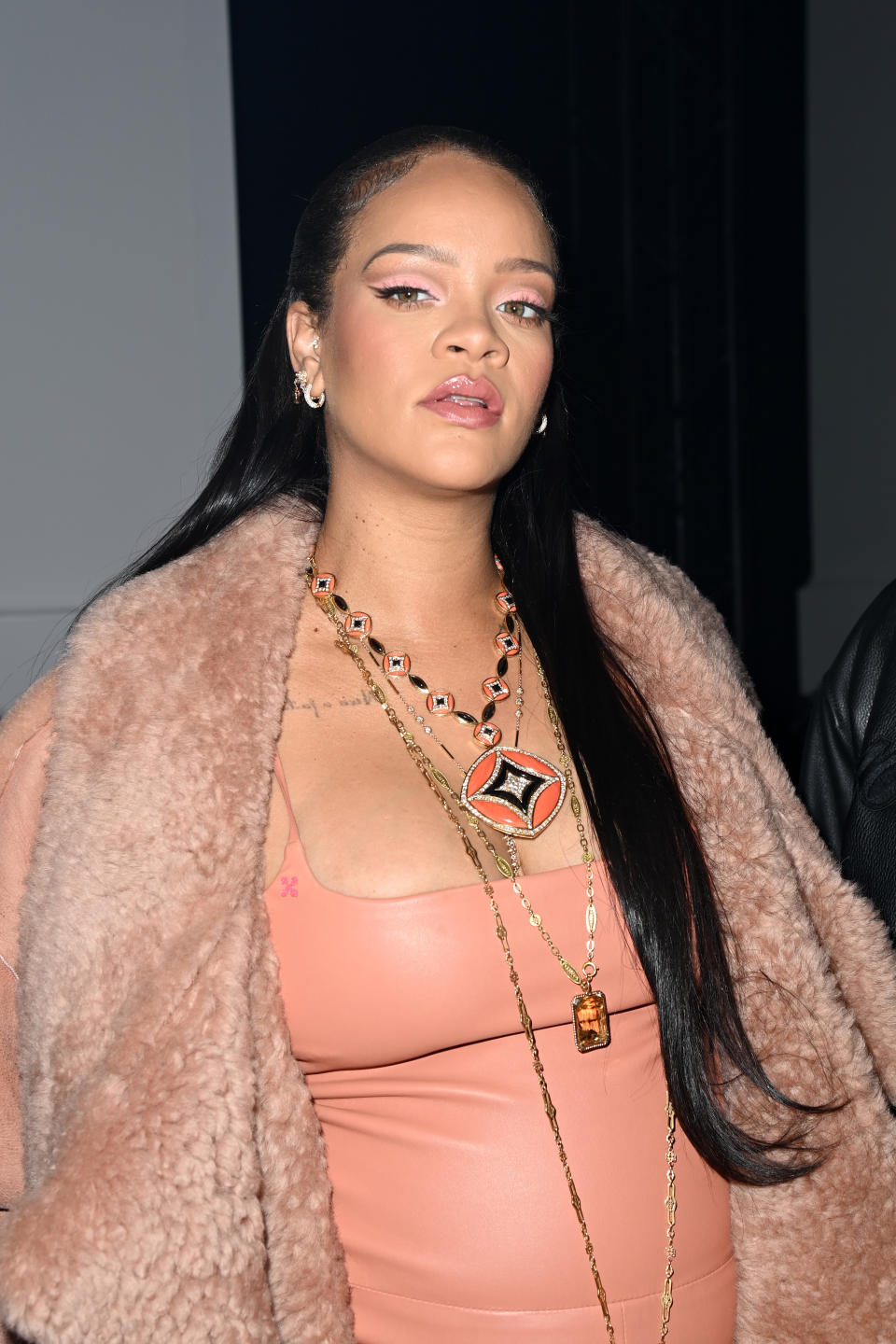 PARIS, FRANCE - FEBRUARY 28: (EDITORIAL USE ONLY - For Non-Editorial use please seek approval from Fashion House) Rihanna attends the Off-White Womenswear Fall/Winter 2022/2023 show as part of Paris Fashion Week on February 28, 2022 in Paris, France. (Photo by Pascal Le Segretain/Getty Images)