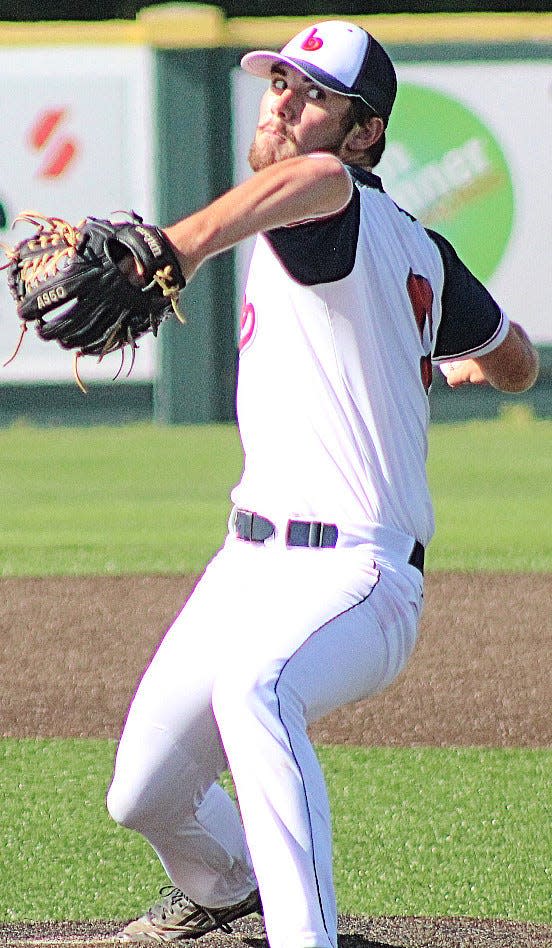 Josh Weber prepares to deliver a strike for the Bartlesville Doenges Ford Indians during 19U/college league baseball action this summer at Rigdon Field.