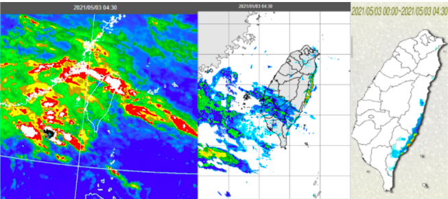 20210503-3日晨紅外線色調強化雲圖顯示，台灣上空中高雲增多（左）；花東沿海另有陸風形成的強回波（中）；花東沿海有較大降雨（右）。（取自洩天機教室）