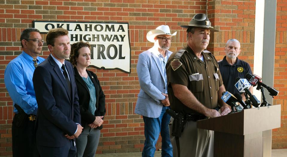 Oklahoma Highway Patrol Major Joe Williams speaks at a joint press conference on Wednesday, along with representatives from the U.S. Marshals and the Oklahoma State Bureau of Investigation. Williams was discussing the discovery of the body of Kameron Jenkins.