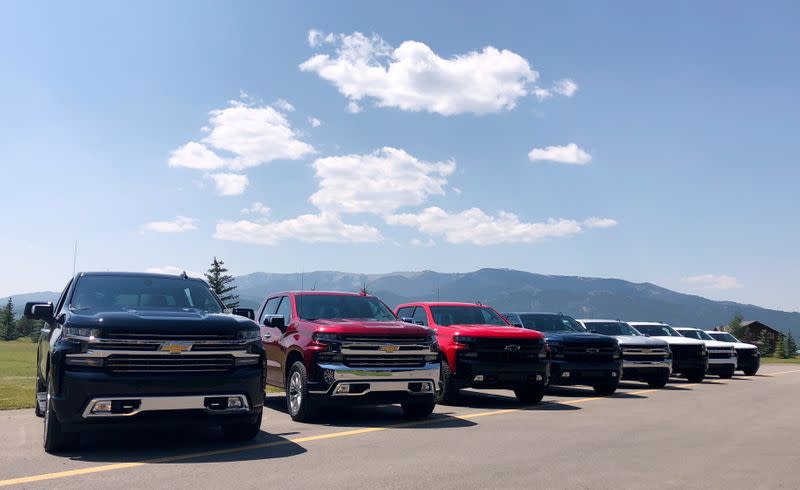 FILE PHOTO: Eight versions of General Motors Co’s Chevrolet Silverado pickups are pictured lined up at an event in Idaho