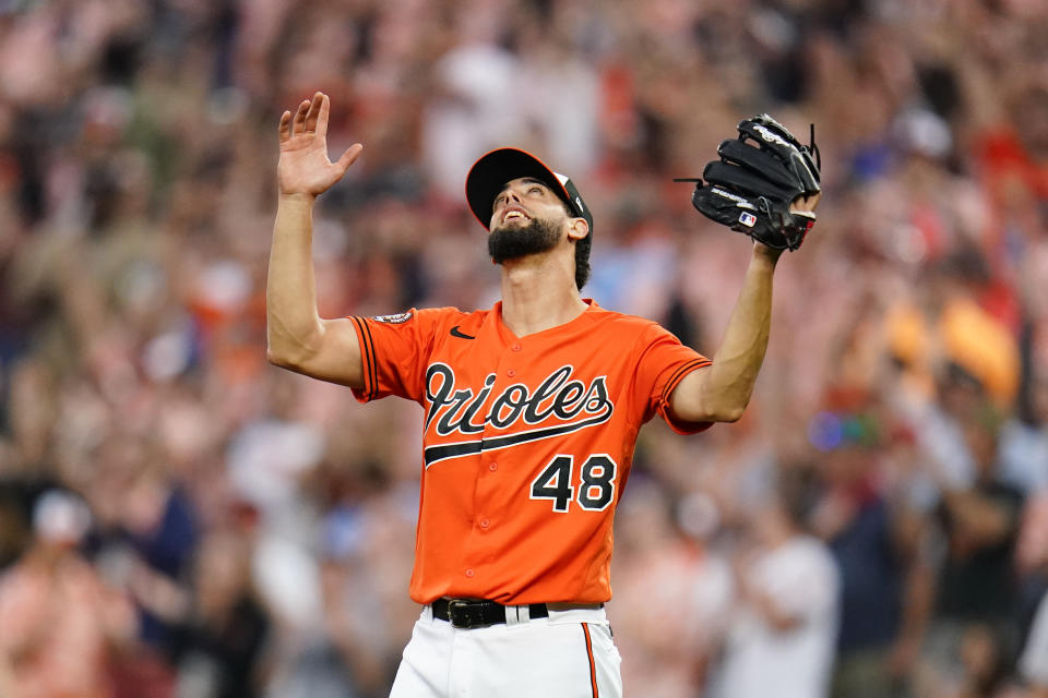 Baltimore Orioles relief pitcher Jorge Lopez reacts after recording a save against the Los Angeles Angels during a baseball game, Saturday, July 9, 2022, in Baltimore. The Orioles won 1-0. (AP Photo/Julio Cortez)